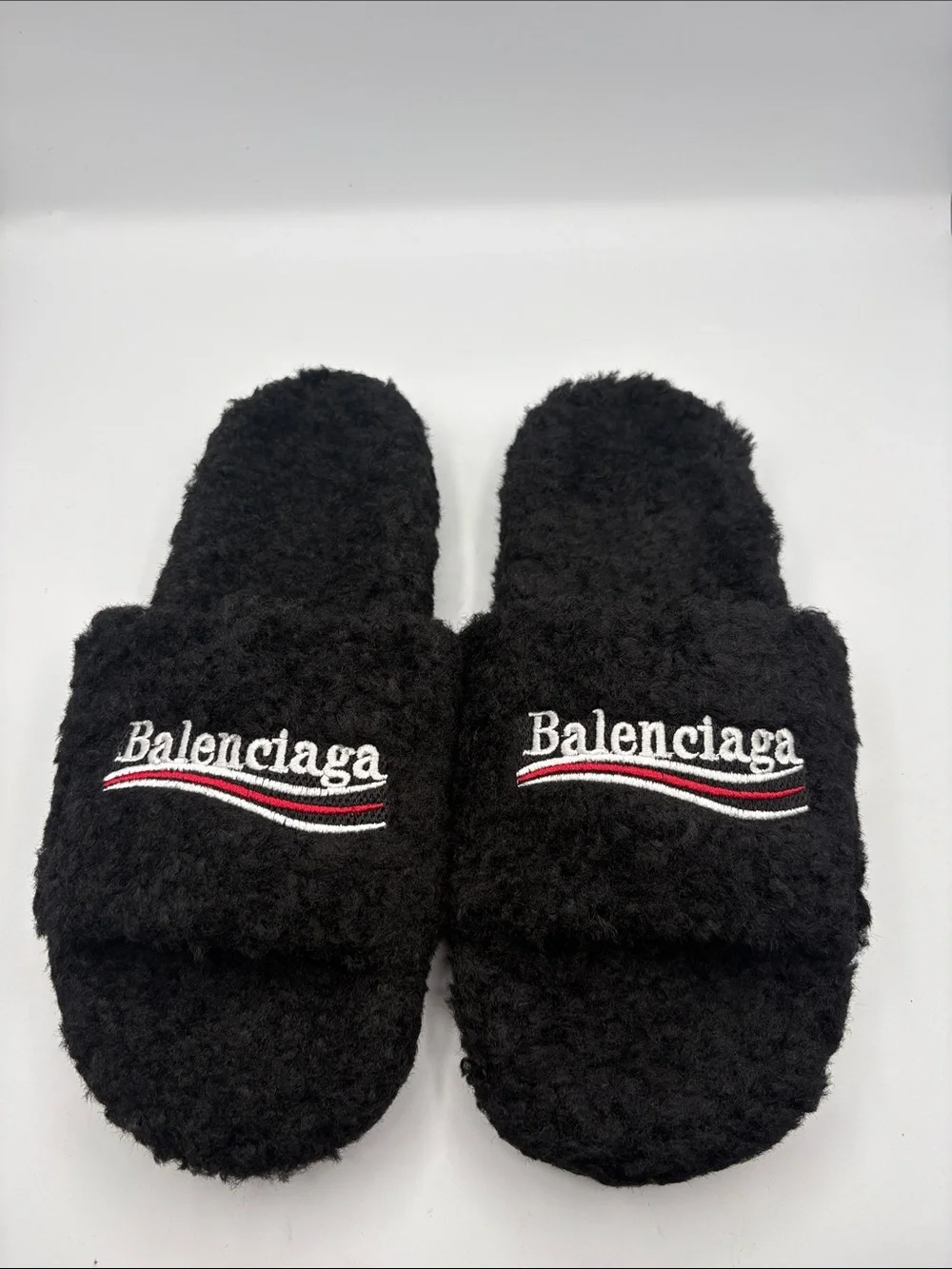 Balenciaga Black Faux Shearling Slides with Red & White Accent